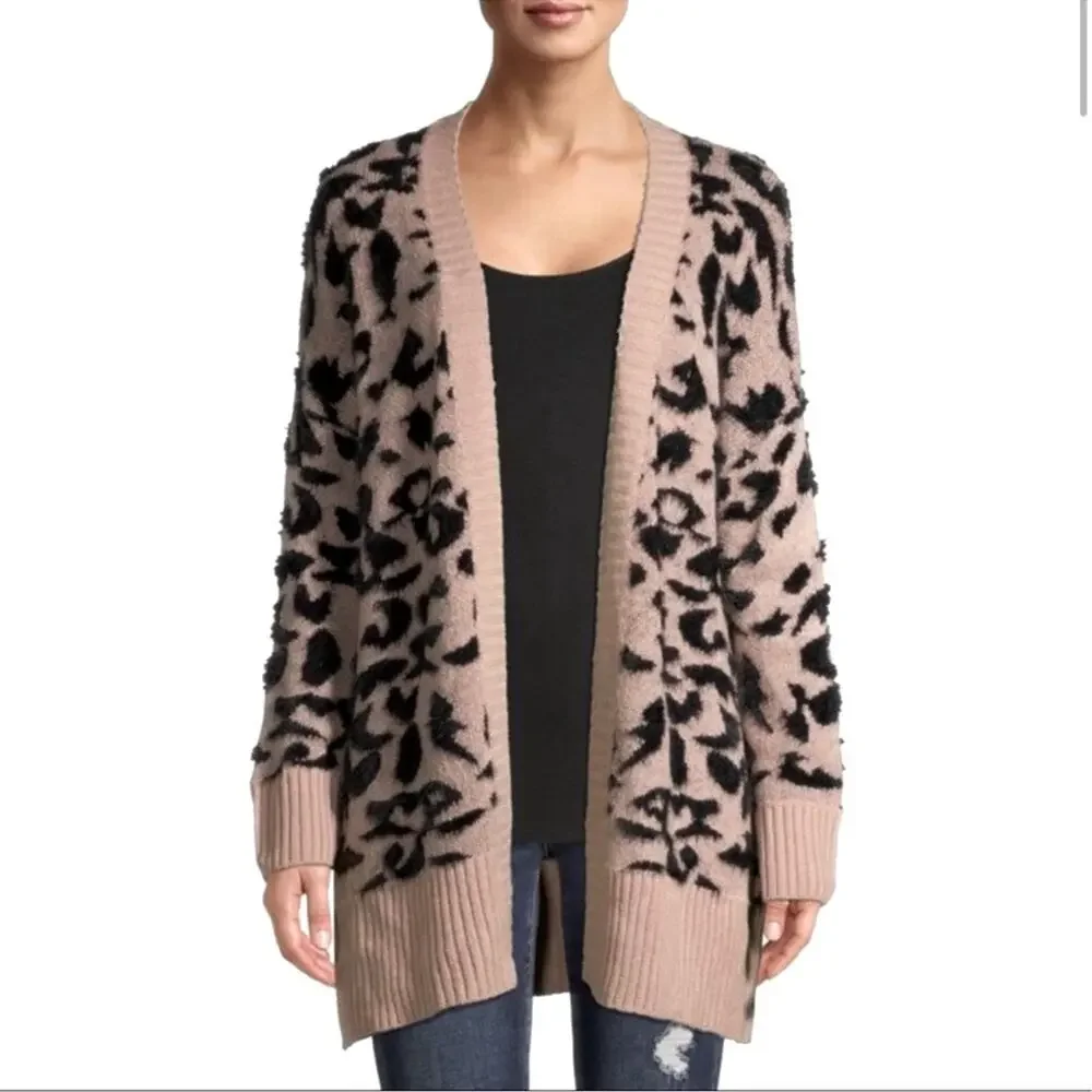 Leopard Print Open Cardigan S M Cozy Oversized Soft Knit Sweater